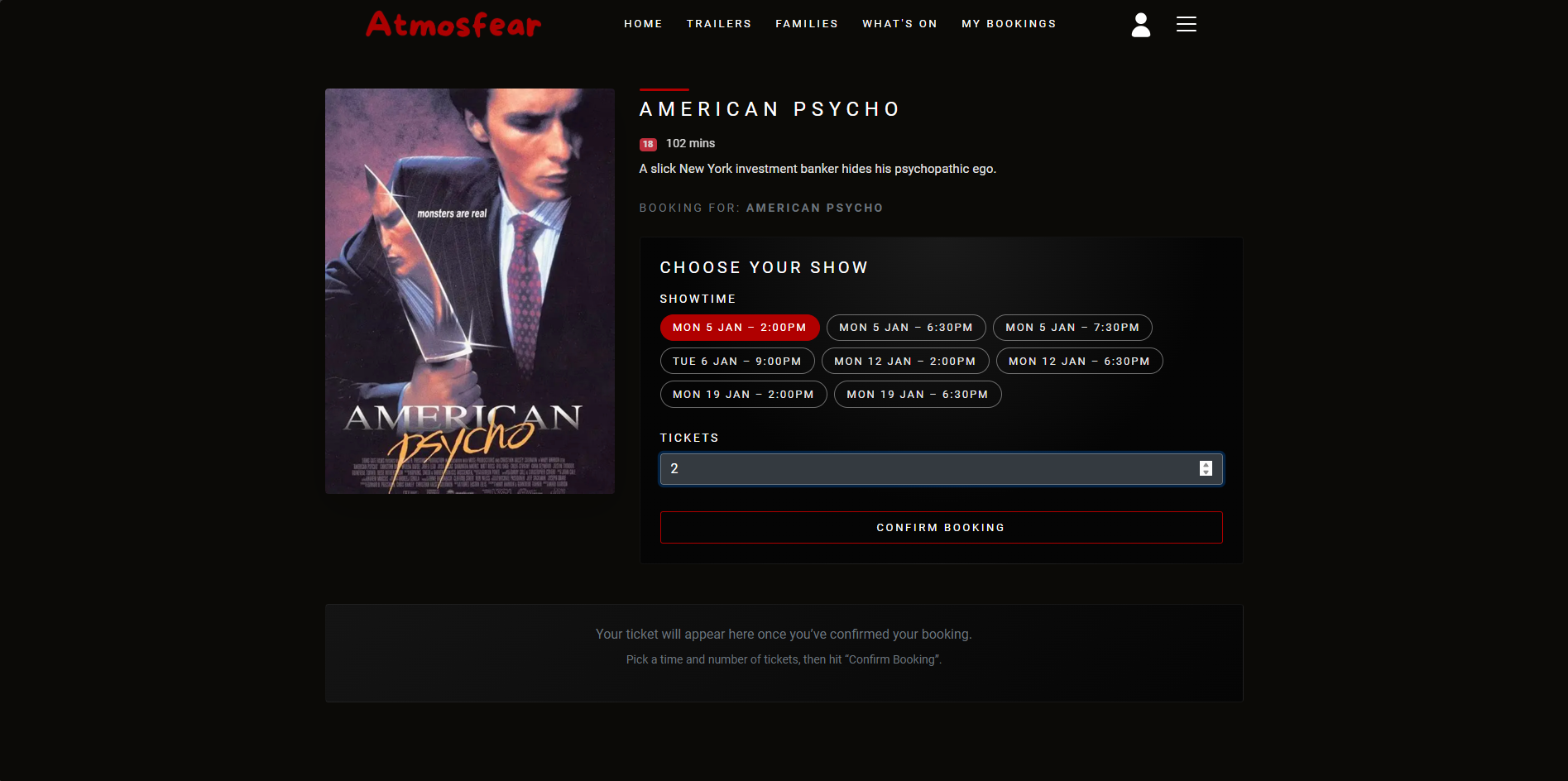 Cinema Horror Website booking screen