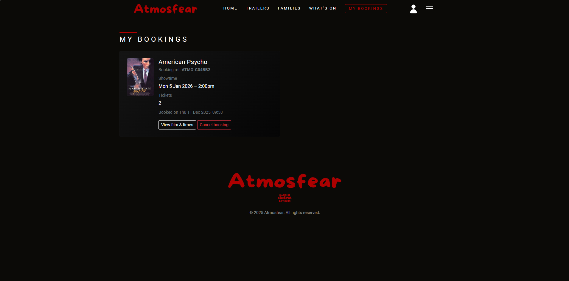 Cinema Horror Website my bookings