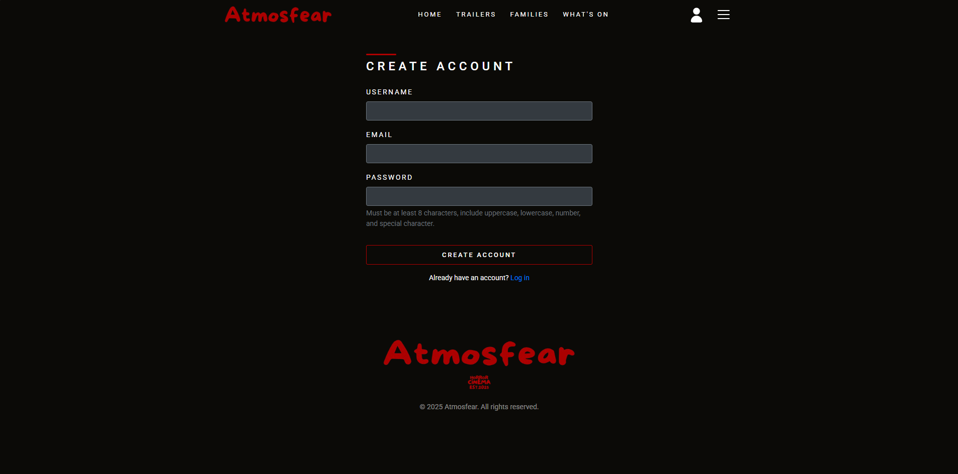 Cinema Horror Website account creation